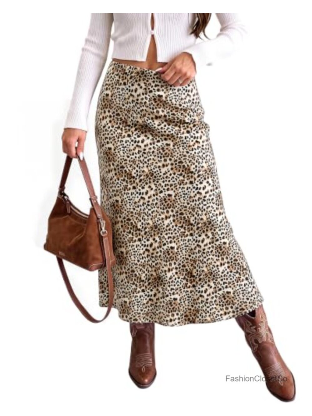 Satin Maxi Skirt Leopard Print A-Line Elastic Waist Pull-On Long
